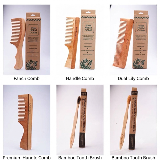 Fruzzona 6-piece neem wood hair and oral care combo with four combs and two bamboo toothbrushes